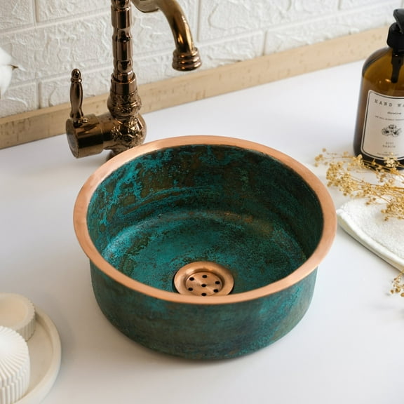 14" Handmade Green Patina 100% Solid Copper Kitchen & Bathroom Vessel Sink Bowl – Countertop Basin for Vanity & Powder Room | Eco-Friendly Rustic Copper Sink with Drain Cap