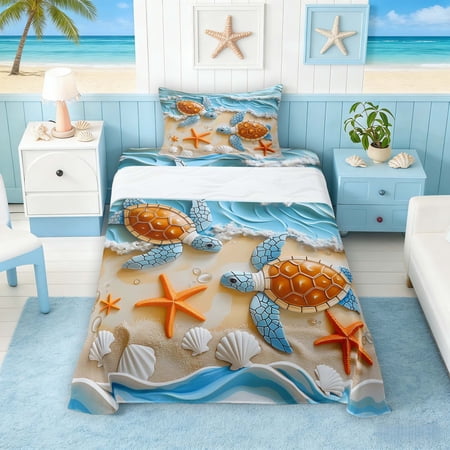 Manfei 3D Turtle Twin Sheet Sets for Kids Boys and Girls Starfish Seashell Bedding 3 Pieces 1 Flat Sheet 1 Fitted Sheet and 1 Pillowcase
