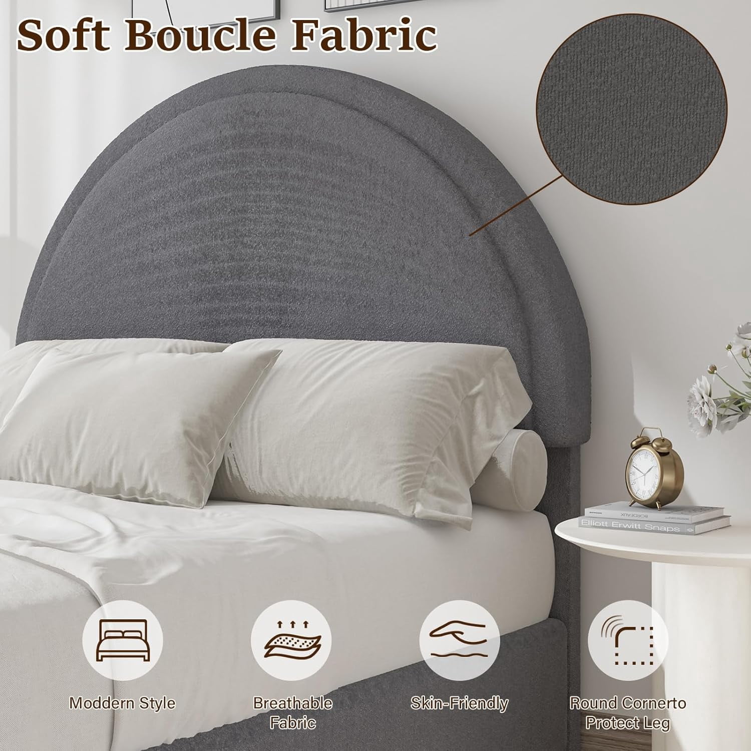 4 EVER WINNER King Size Bed Frame, Boucle Upholstered Bed Frame with Headboard, Gray King Bed Frame, Gray