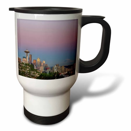 3dRose, Washington State, Seattle, skyline view with Mount Rainier, 14oz Stainless Steel Travel Mug