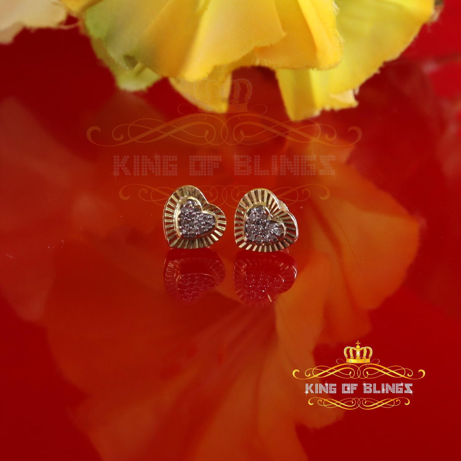 King of Bling's 10K Real Yellow Gold with Real 0.10ct Diamonds Men's /Womens Stud Heart Earrings