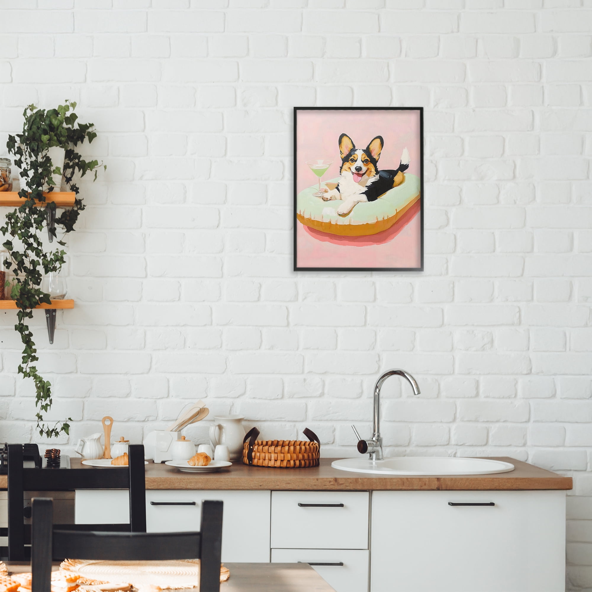 Stupell Industries Pastel Corgi with Cocktail Black Framed Giclee Art, design by The Prints Vibe