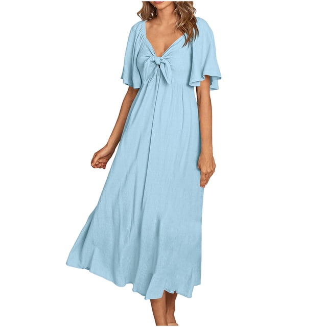 Yuyuzo Robe Bohème pour Femmes 2025 à Volants à Manches Courtes Longue Robe Décolleté en V Profond Nœud à l'Avant Décontractée Fête Plage Robe Maxi