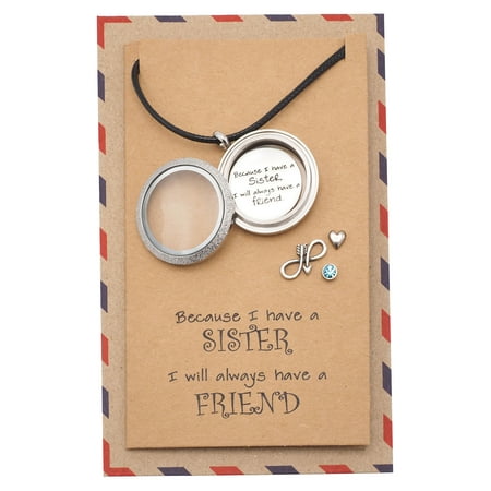 - Sister Locket Necklace with Heart, Infinity Arrow, and Swarovski Birthstone Charm, Gift for Sisters, Sisters Jewelry with Greeting Card