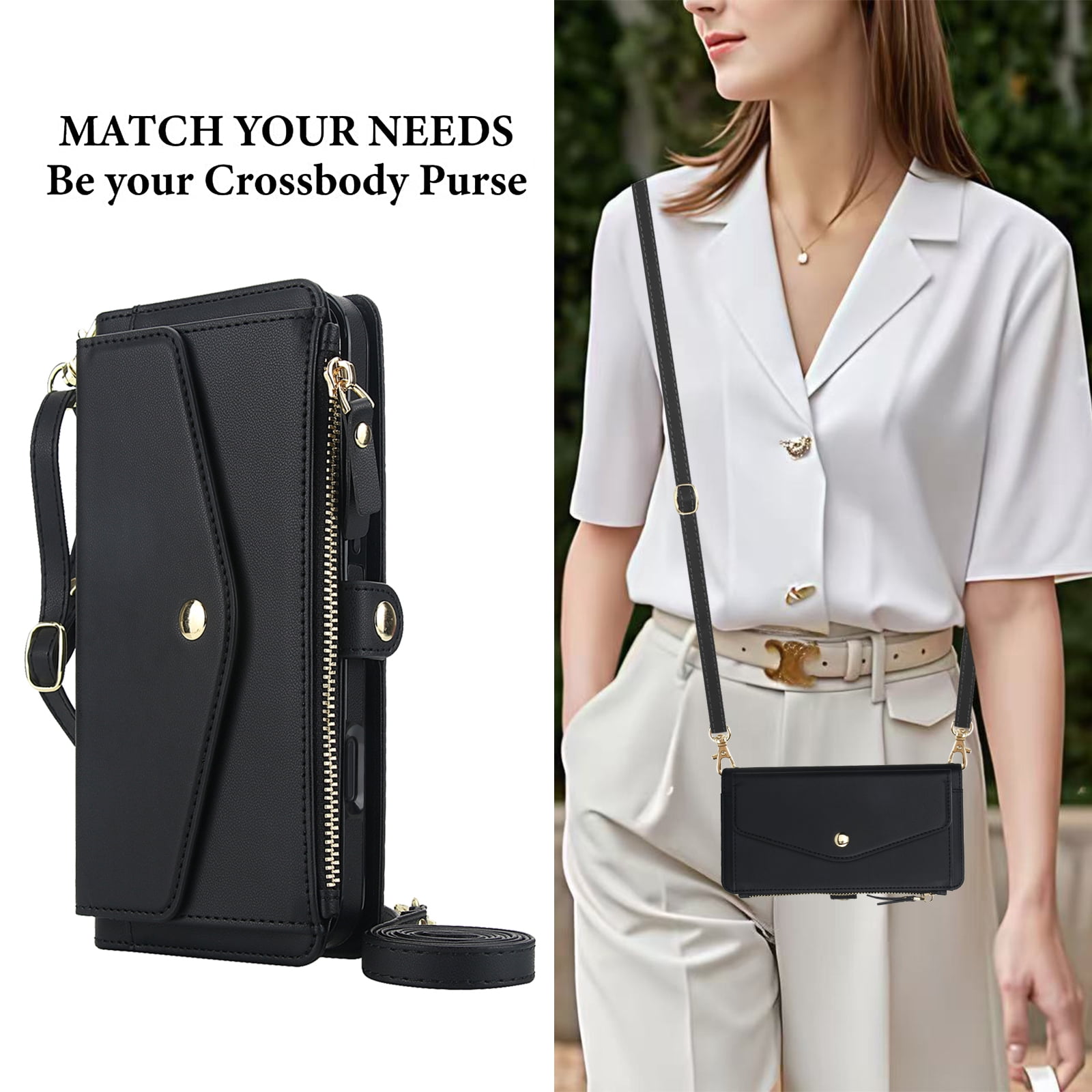 Designed for iPhone 15 Pro Multi-Function Wallet Phone Case,With Shoulder Strap&Wrist Strap,Cash Pocket&Card Slots,Zipper Purse,Magnetic Detachable PU Leather Flip Phone Case,Black