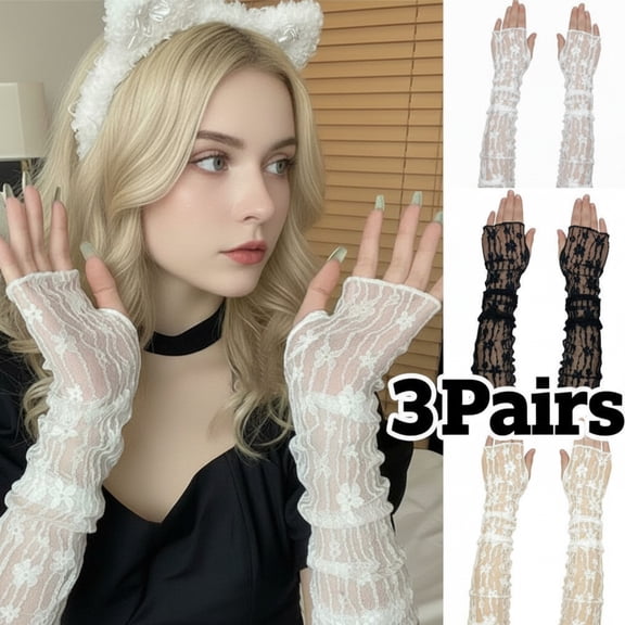 SharkTRUE 3 Pairs Lace Arm Sleeves with UV Protection – Lightweight Breathable Sun Gloves for Women Black White Beige