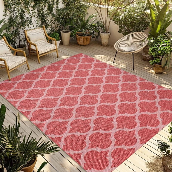 Red Moroccan Outdoor Rug 4x6 Ft - Reversible Patio Rug Outdoor Camping Rugs, Ethnic Abstract Geometric Quatrefoil Grid Washable Indoor Outdoor Area Rugs, Non-Slip Outdoor Carpet Runner for Deck/Porch
