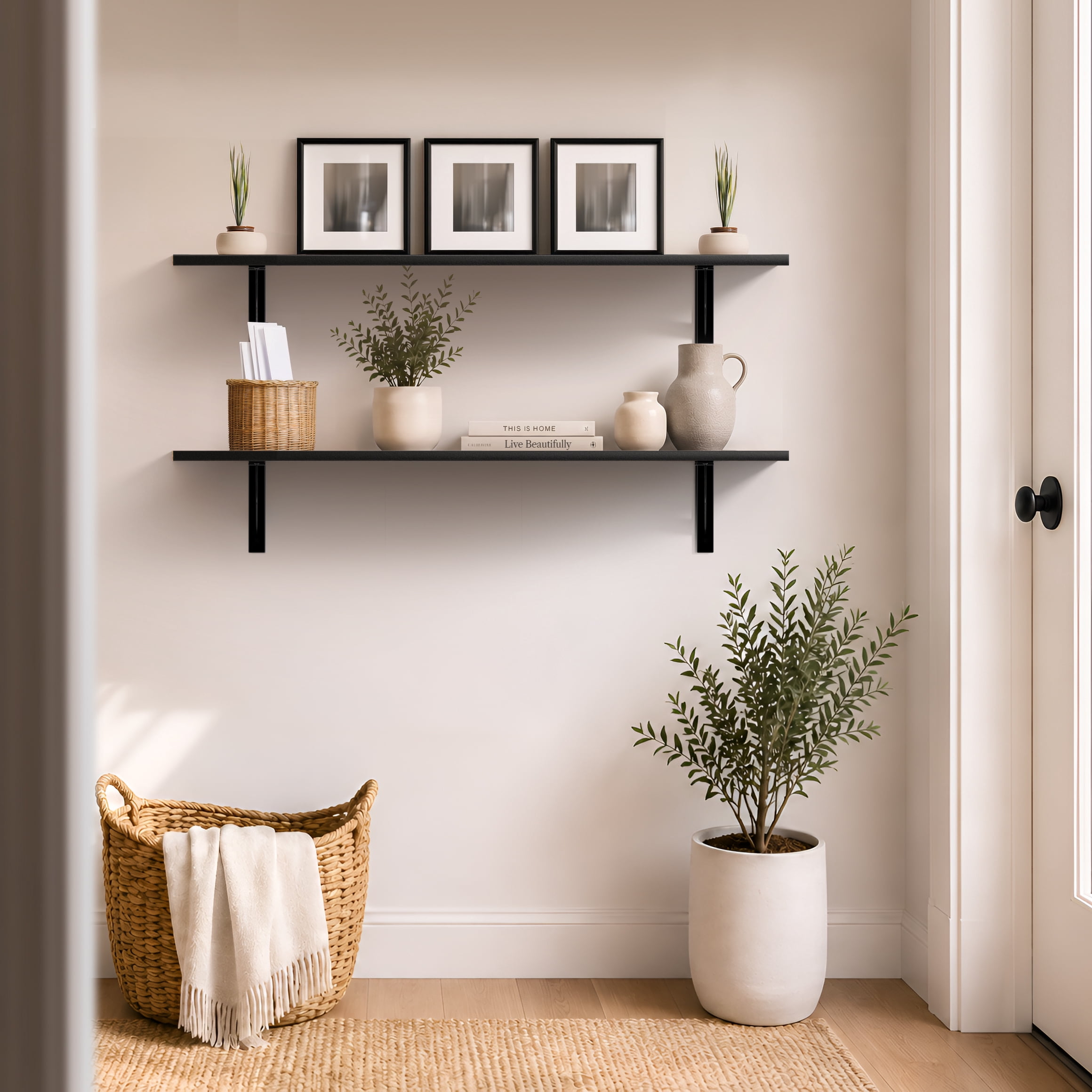Sorbus 47.3 in Wood Wall Shelves with Black Metal Brackets, Black, 2-Piece Set