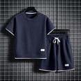 thumbnail image 6 of hoksml Unisex Kids' Waffle Knit Tee and Shorts Set, Short Sleeve Crew Neck Top with Contrast Trim and Drawstring Shorts, Boys' Casual Summer Outfit, 6 of 7