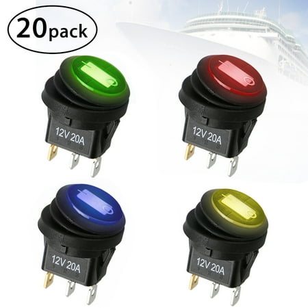 Blue Dot Led Switch - EEEKit Round On/Off Rocker Switch Car Truck 20-Pack 12V 20A, Dot Blue LED Rocker Switch Control 4 Colors Waterproof 3Pin SPST