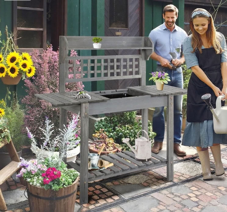 MAYEERTY 55" Tall Wooden Potting Bench with Expandable Sliding Tabletop, Dry Sink, Outdoor Garden Workstation for Patio, Yard, Backyard