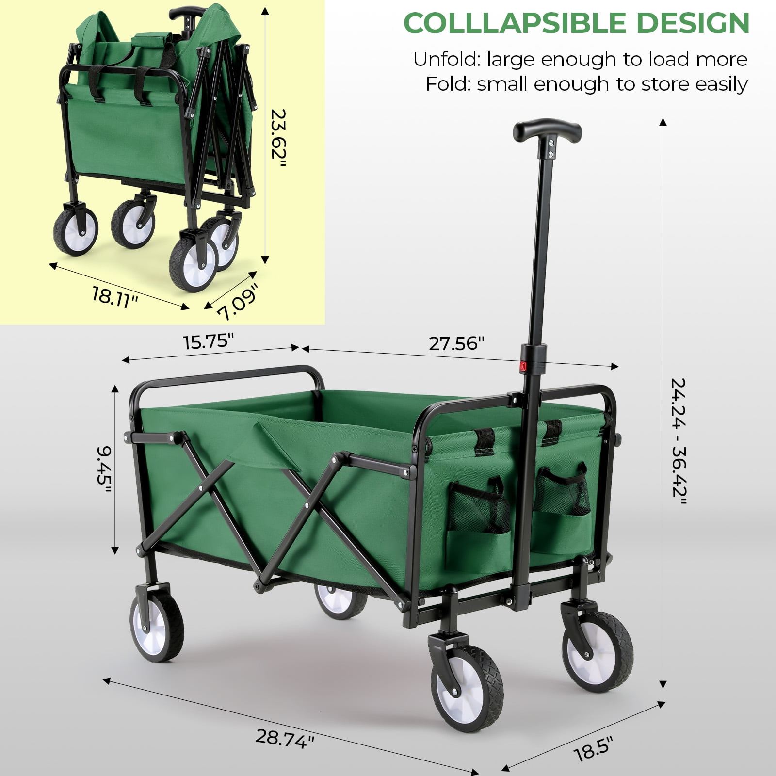 TLSUNNY Collapsible Wagon Cart with Wheels, Heavy Duty Foldable Wagon Cart 150 lbs Capacity, w/360° Wheels, Carry Bag, for Camping, Beach, Garden, Sports