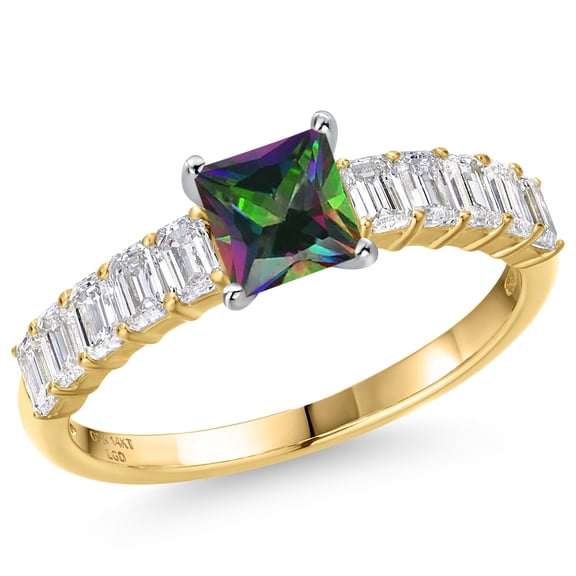Gem Stone King 14K Two Tone Gold Green Mystic Topaz and Lab Grown Diamond Engagement Ring for Women | 1.70 Cttw | Princess 5MM | Gemstone November Birthstone | Size 7