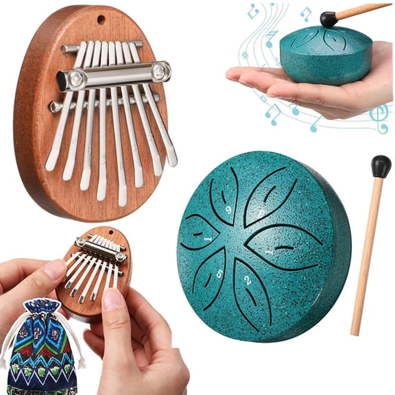 2Pcs Mini Musical Instruments Mini Kalimba and Rain Drum with Drumstick 8 Keys Finger Thumb Piano and 6 Notes Steel Drum for Gift Adult Beginners(Dark Green)
