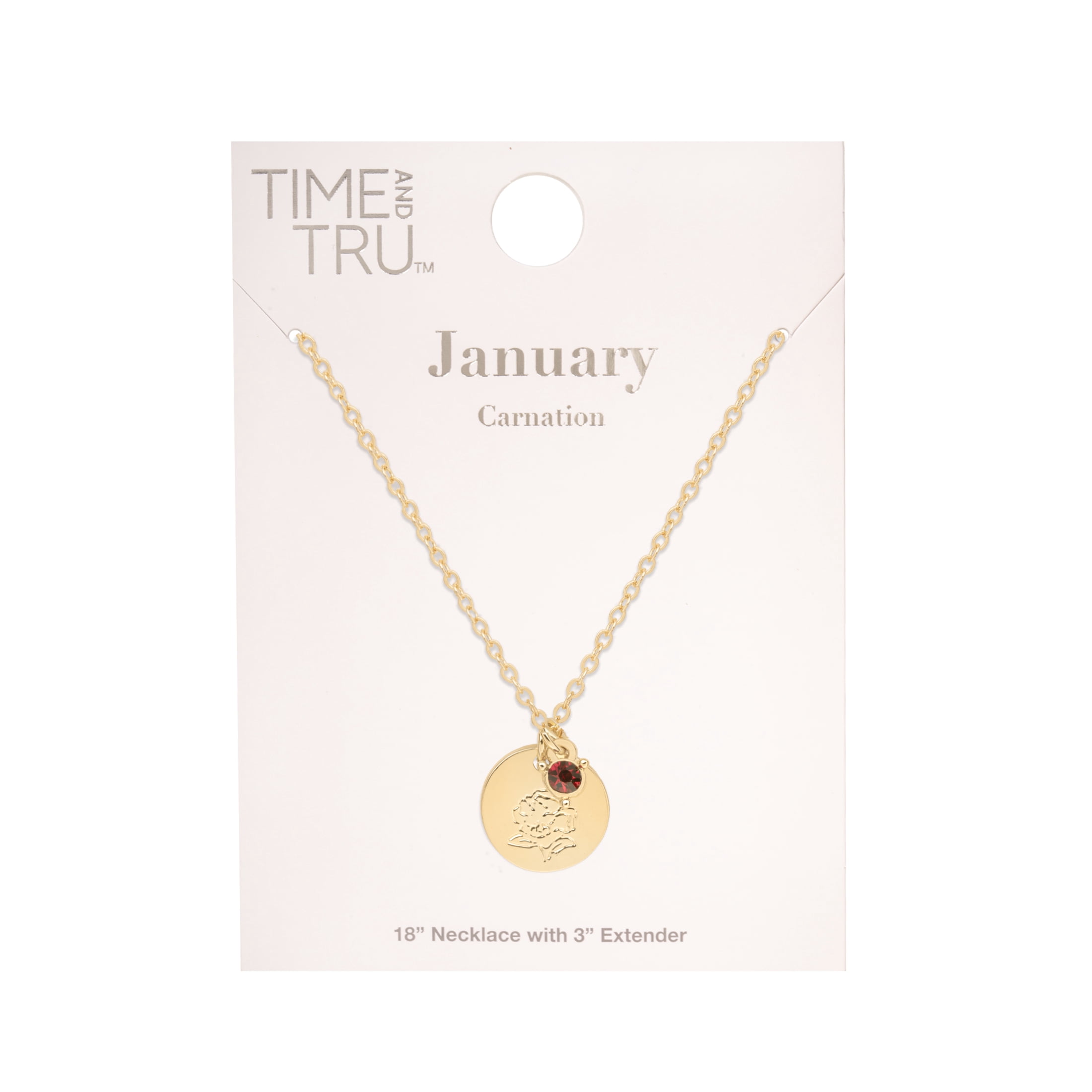 Time and Tru Women’s January Birthstone Necklace, Gold Tone Chain with Siam Stone & Carnation Flower
