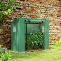 Outsunny 6.6' x 2.5' x 5.6' Lean-to Small Greenhouse for Outdoors with UV-resistant PE Cover, Walk-in Portable Greenhouse with Roll-up Door, Green