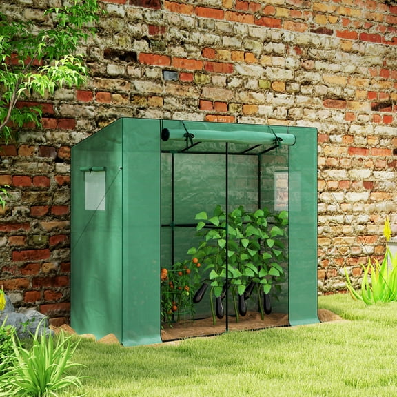 Outsunny 6.6' x 2.5' x 5.6' Lean-to Small Greenhouse for Outdoors with UV-resistant PE Cover, Walk-in Portable Greenhouse with Roll-up Door, Green