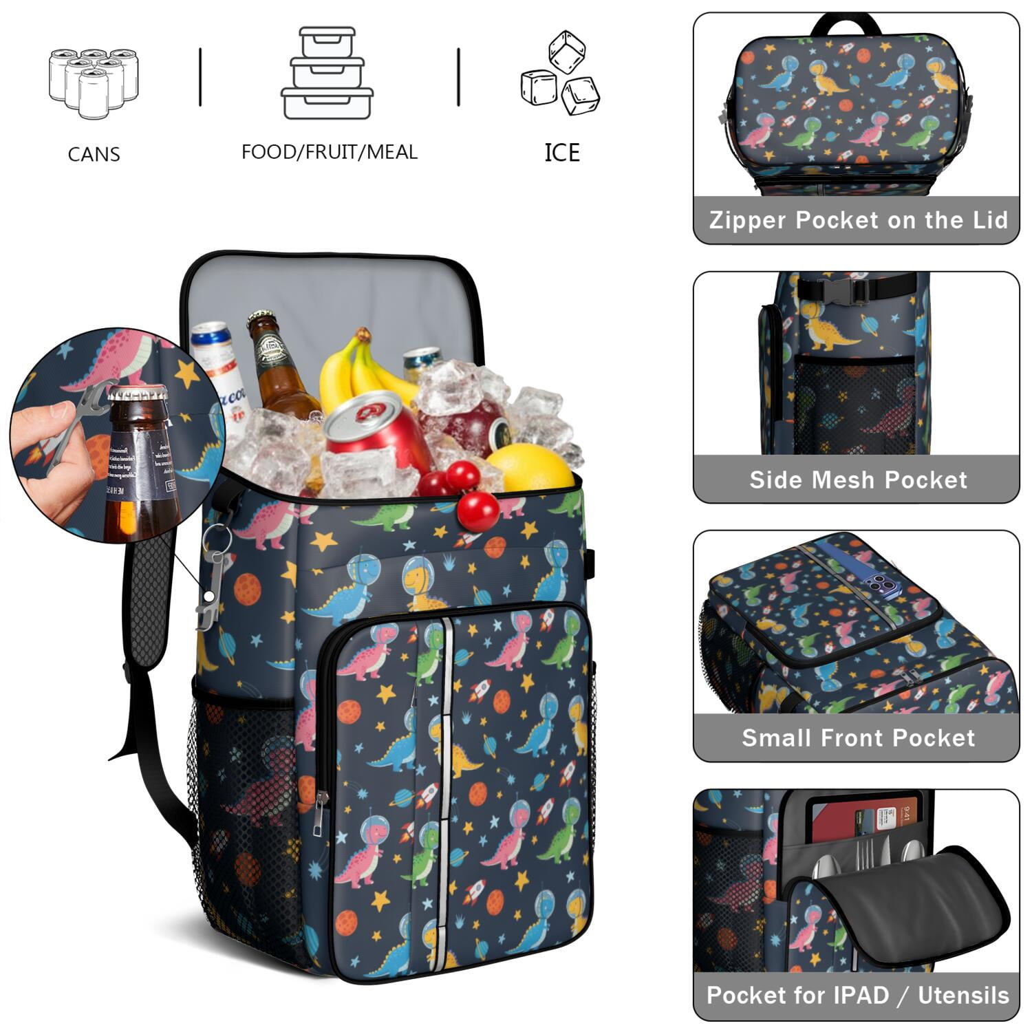 Travel Cooler Bag - Blue Cartoon Dinosaurs Rockets Pattern Camping Beer Cooler Backpack with Bottle Opener- Waterproof Insulated Picnic Backpacks - Cooler Bag for Beach