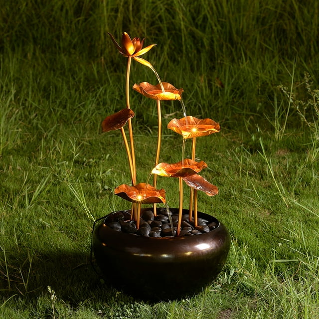 Galvanized Metal Fountain with 4 LED Lights and River Stones - Outdoor