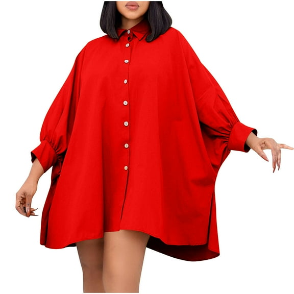 Oplxuo Women's Cute Batwing Babydoll Dresses Plus Size Casual Loose Puff Sleeve Button Down Shirt Mini Dress