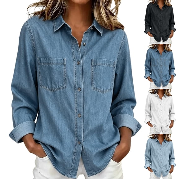 Yuaguia Women's Casual Long Sleeve Denim Shirt, Stand Collar Loose Fit Button Down Tops, Lightweight Polyester Blouses for Everyday Work, Office and Party Wear, Black 2XL