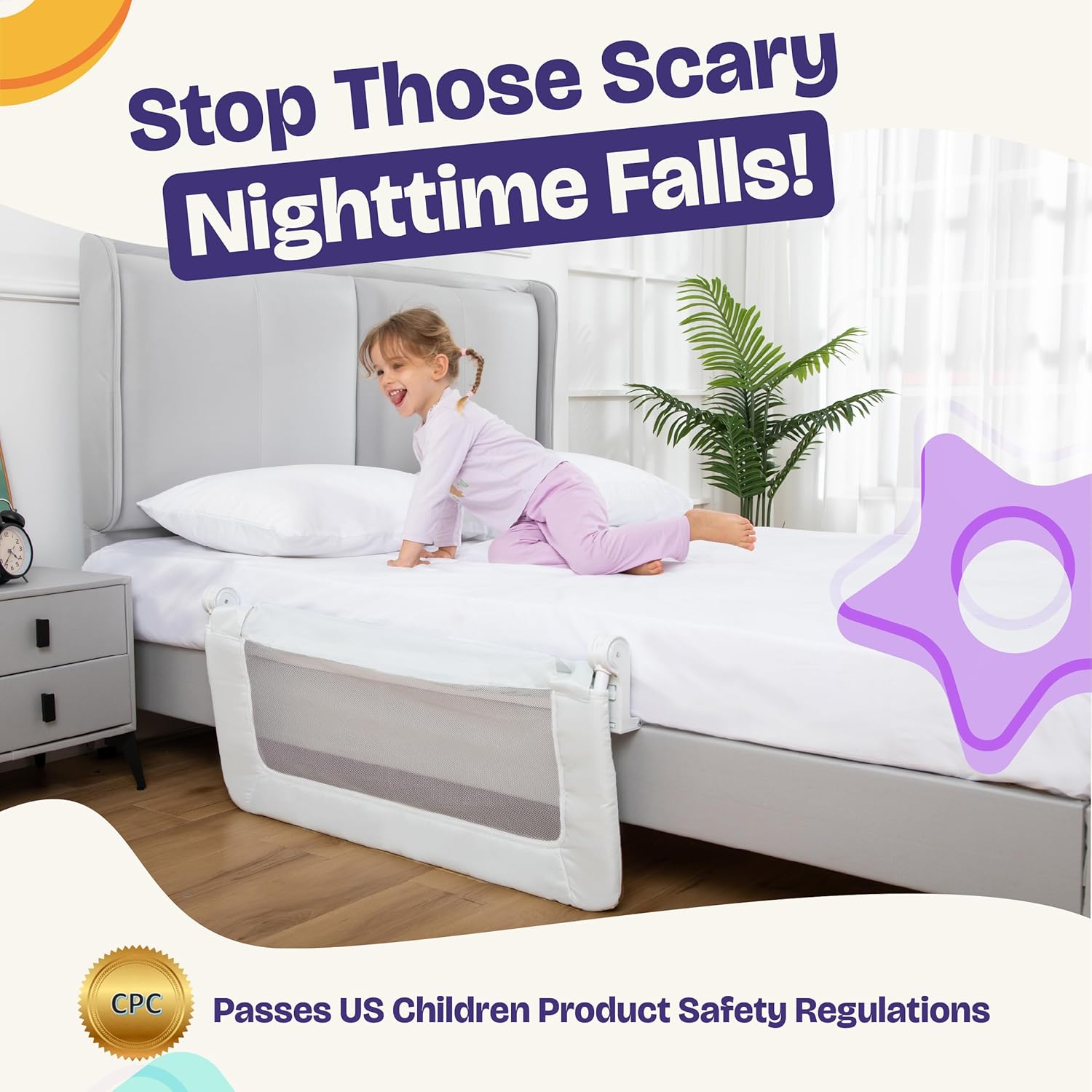 ComfyBumpy Toddler Bed Rail Guard, 35.5" x 19.5" Regular Swing Down Rail for Kids Beds, White, 1 pack