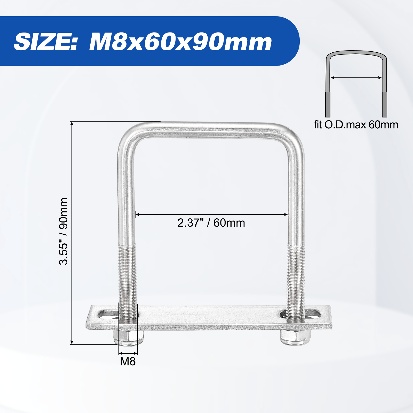 U Bolts 2Set (M8x60x90mm), Square U Bolt Kits 304 Stainless Steel with Nylon Lock Nut Washers Plates - for Construction, Pipe, Trailer, Automotive, Leaf Spring Fastener