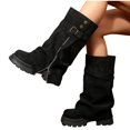 thumbnail image 5 of Women Solid Color Round Toe Side Zipper Buckle Strap Ruched Mid Calf Boots Faux Suede Block Mid Heel Winter Casual Boots US Size 5 To 8.5 Black, 5 of 9