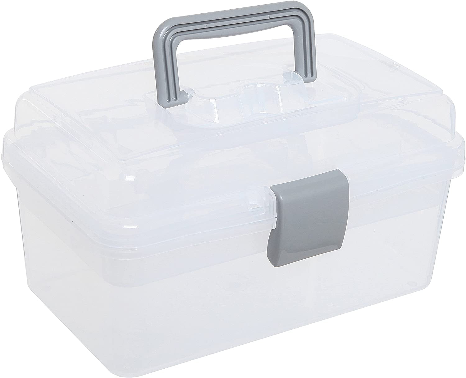 Clear Gray Multipurpose Portable Storage Box - Plastic Sewing Box, Tool Box, First Aid Kit and Supplies Organizer Case with Handle and Removable Tray
