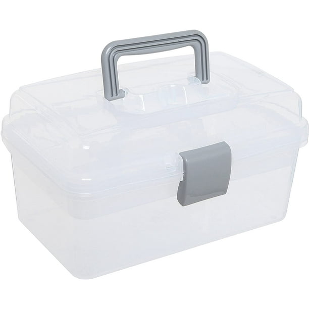 Caja de almacenamiento portátil multiusos de color gris transparente: caja de costura de plástico, caja de herramientas, botiquín de primeros auxilios y estuche organizador de suministros con asa y