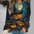 thumbnail image 2 of Uootdi Women's Halloween Pumpkin Graphic Sweatshirt - Glowing Witch Hat Jack Lanterns，Crewneck Long Sleeve,Trendy Fall Outfit,Party Wear Essential Dark Blue Women Tops, 2 of 6