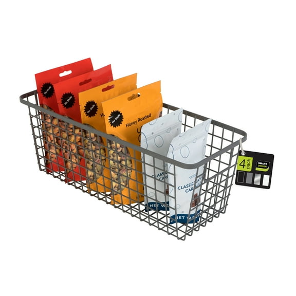 Smart Design Nestable Basket Organizer with Handles - 9 x 16 x 6 inches- Gunmetal - Set of 4