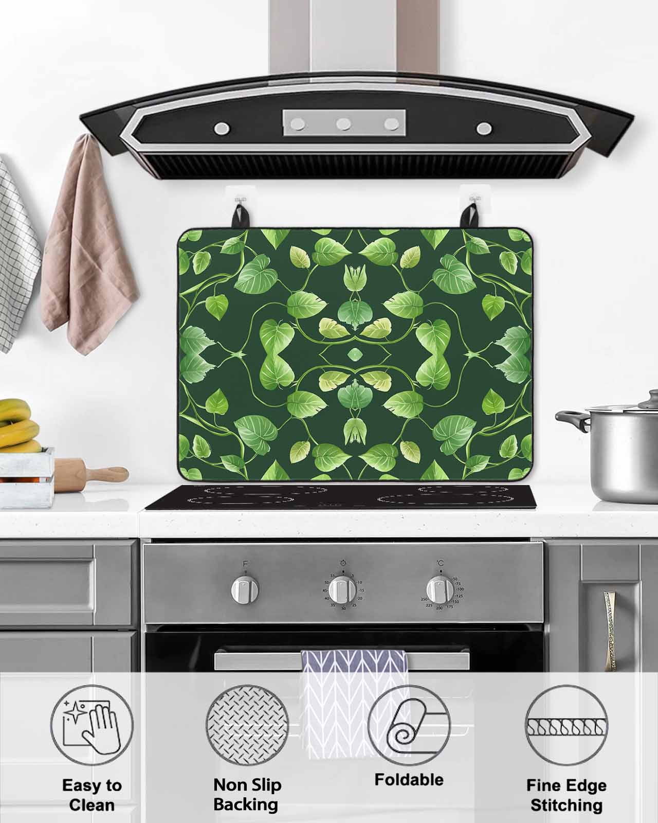 nqOlkjepod Large Induction Cooktop Protector Mat 24"x21", Green Leaves Stove Top Covers for Electric Stove, Retro Botanical Garden Pastoral Plants Stove Burner Cover Mats, Glass Top Stove Cover