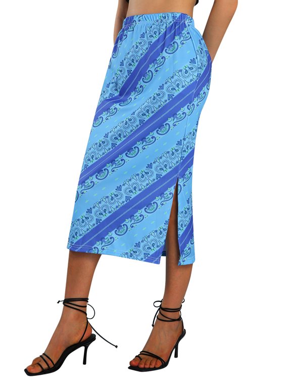 Women Floral Skirt Stripe Flower Printed No Lining Long Pencil Dress High Waist Split Skirt