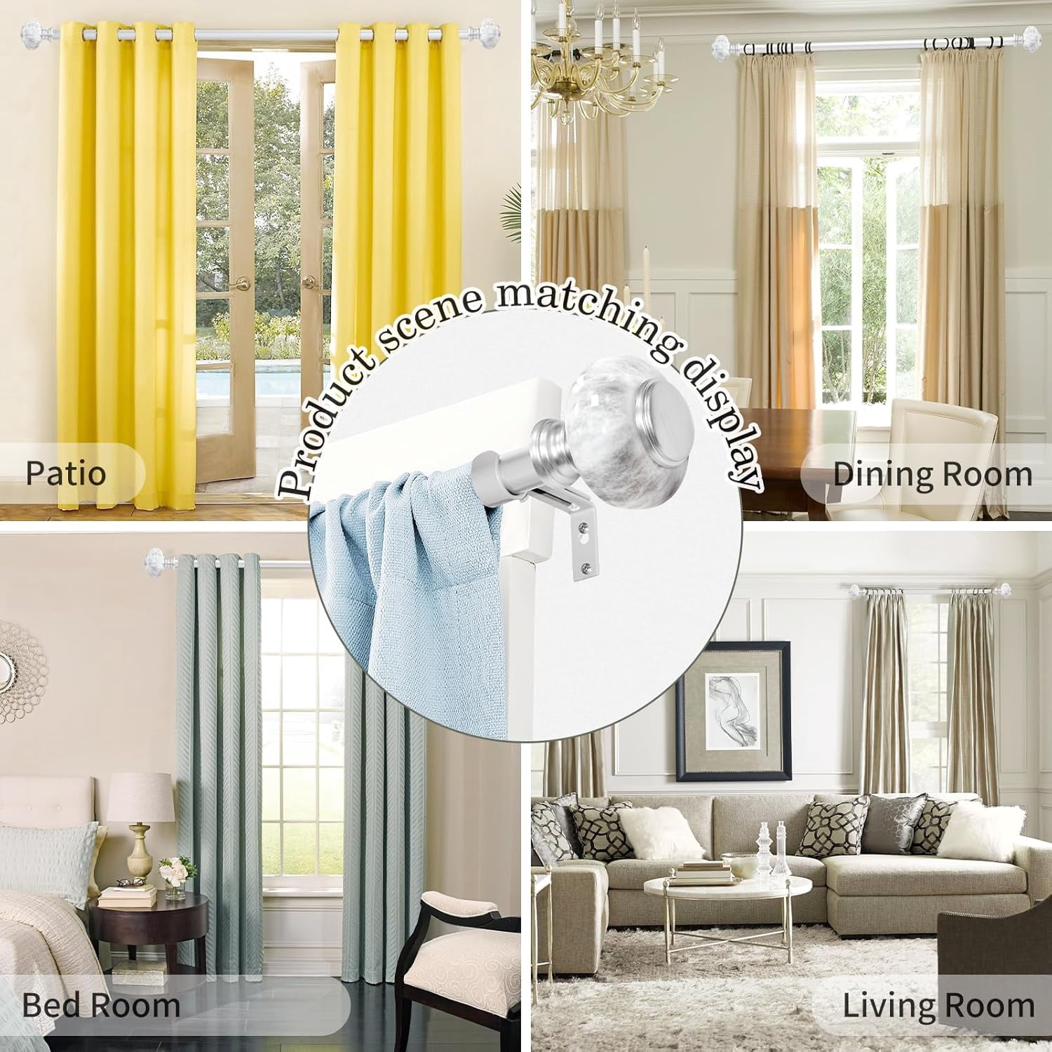 Silver Curtain Rod for Windows 36 To 88 Inches (3-7.3ft): 1 Inch Diameter Adjustable Curtain Rod - Heavy Duty Silver Curtain Rod with Marble Grain Finials