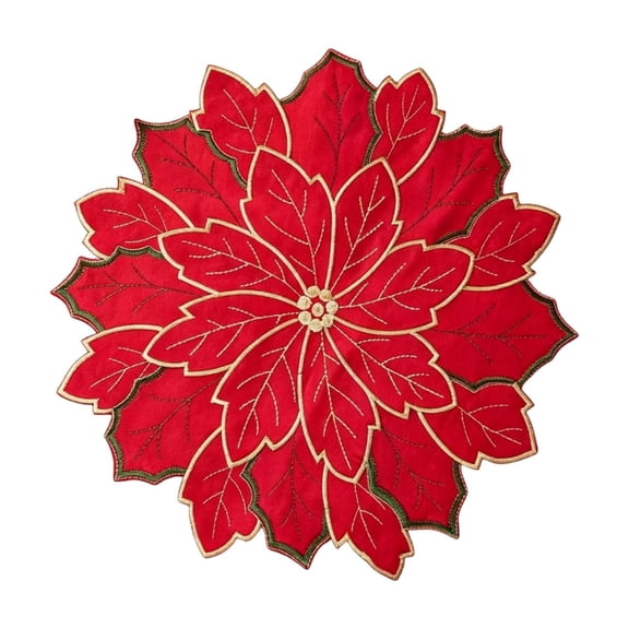 Christmas Poinsettia Embroidered Placemat, 15 X 15 Inch Round Holiday Table Mat, Red Green Gold Xmas Tabletop Decoration for Dining Party