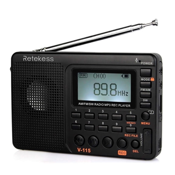 Retekess V115 Shortwave Radio, Digital Radio AM FM, Shortwave Receiver with 1000mAh Rechargeable Battery, Presets, TF/AUX Playback and Recording, Bass Speaker, for Camping