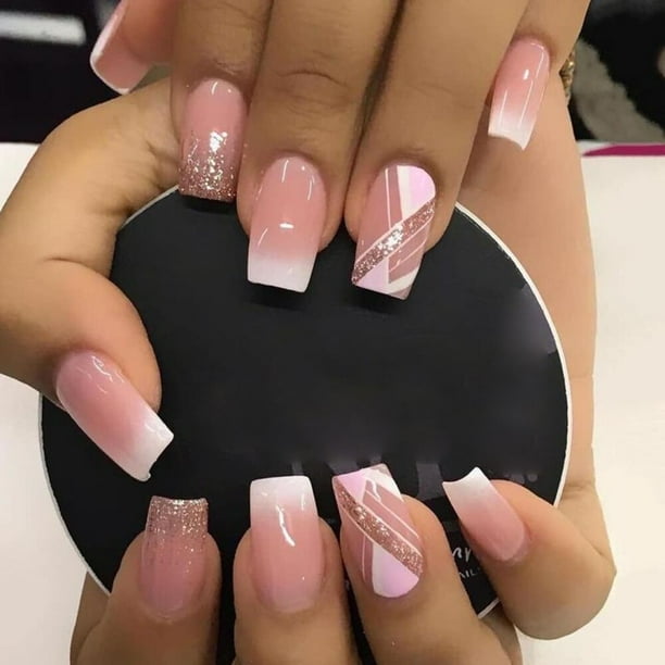 24 Uds uñas postizas cubierta completa uñas postizas elegante Rosa gradiente brillo uñas cortas francesas ataúd uñas postizas cortas prensa en las uñas