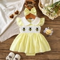 thumbnail image 2 of Baby Girls Jumpsuit Short Sleeve Peter Pan Collar Romper Dress Smocked Bodice Bee Embroidery Matching Bow Headband Set For Infant Holiday Daily Wear, 2 of 8