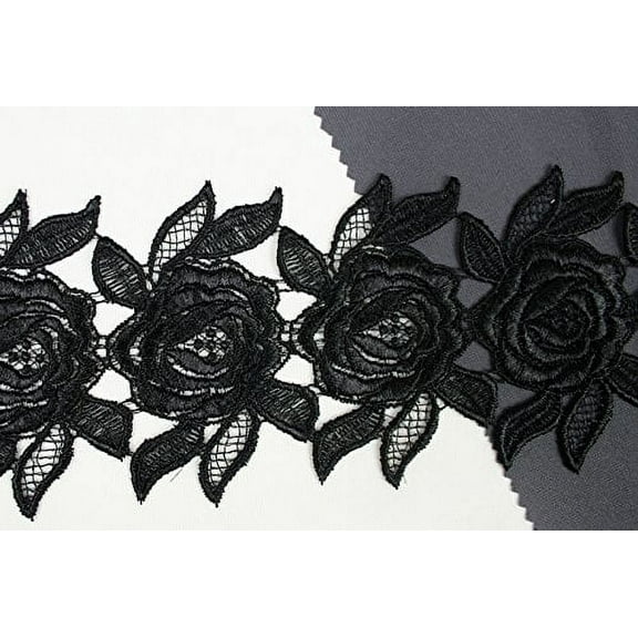 Altotux 3" 12 Colors Rose Embroidered Floral Venice Lace Trim Guipure By Yard (Black)