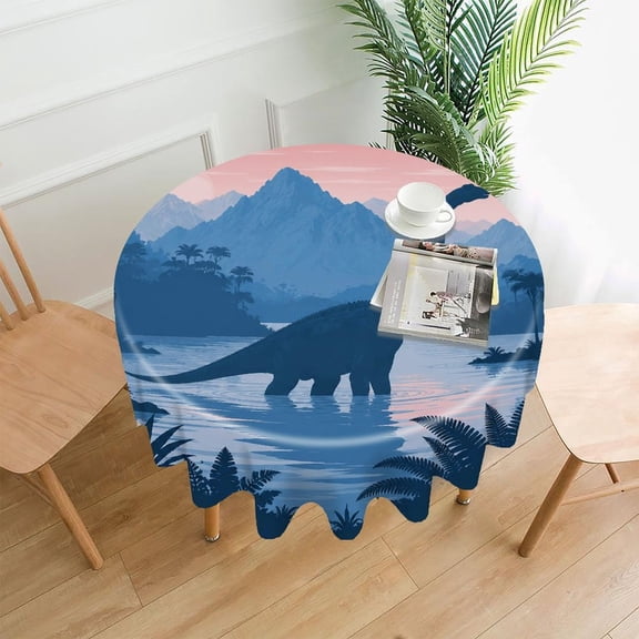 RKSupls 60 Inch Round Tablecloth, Brachiosaurus Lake Sunset Mountains Premium Polyester Straight Edge Wrinkle Resistant Washable Table Cover for Party Home Dining Decor