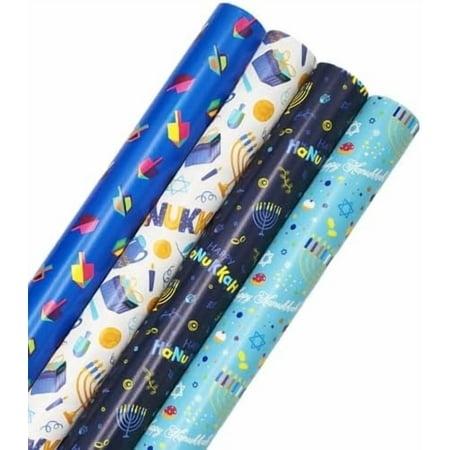 Happy Hanukkah Gift-Wrap Chanukah 17.5 Inches X 180 Inches .15 Feet Each Roll 4 Roll Variety Pack