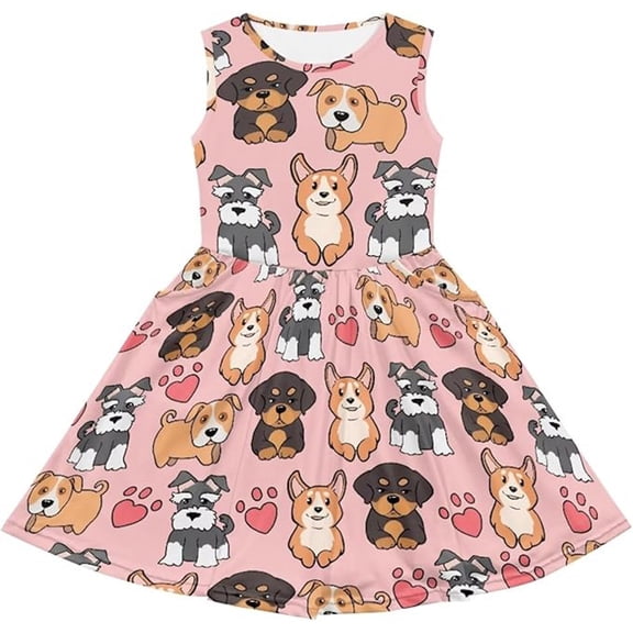 WOYY Girls Cute Dog Print Sundress Casual A Line Midi Tank Play Dress, Pink, Sizes 3-14