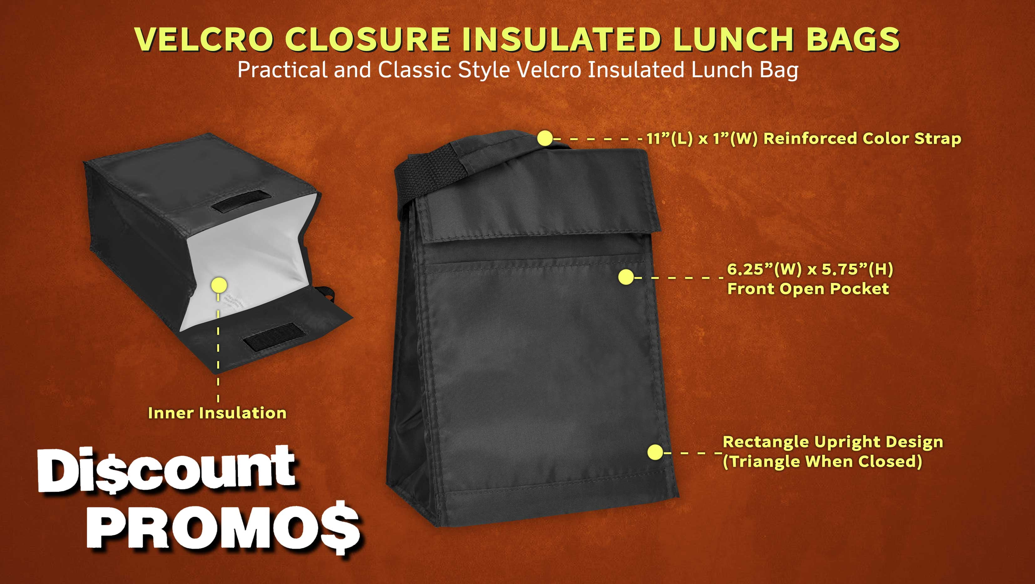 10 Hook and Loop Insulated Lunch Bags Set - Polyester, Durable, Vibrant, Reusable - Black