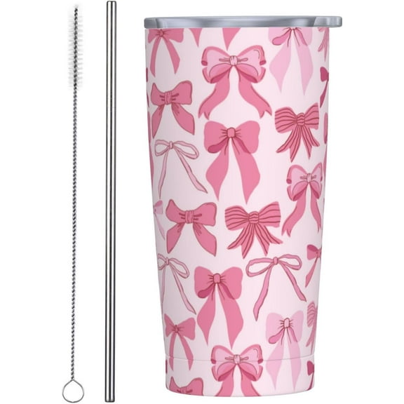 Pink Bow Tumbler, Pink Knots 20oz Stainless Steel Insulated Travel Tumbler,Travel Coffee Mug with Lid and Straw Cups Gifts for Women Men
