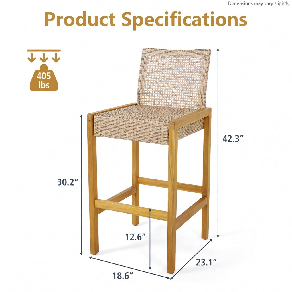 Hommoo 2-Pack PE Rattan & Teak Acacia Wood Bar Stools with Backrest, Indoor/Outdoor Patio Dining Chairs, Ergonomic Design, Light Brown