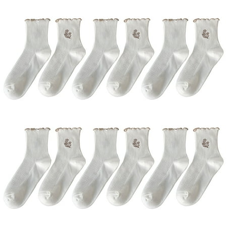 

6Pairs Women Ankle Socks Ruffle Turn-Cuff Lovely double needle solid color edge relent Girl socks(M(36-39cm) White)