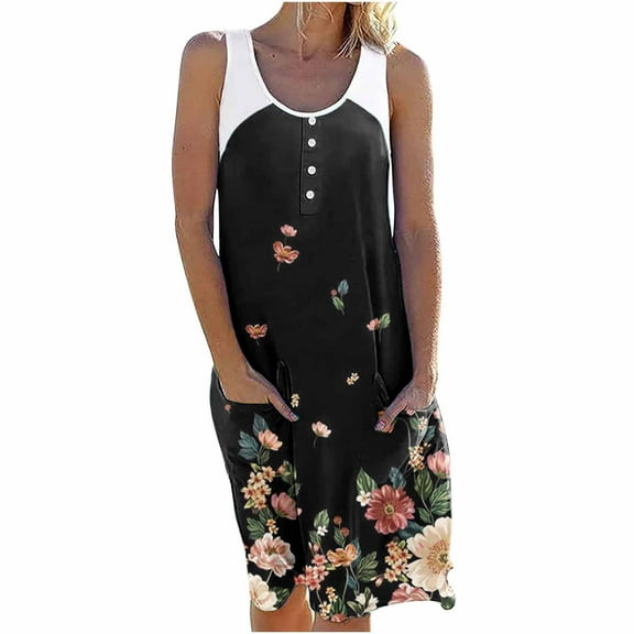 asdoklhq Plus Clearance Dresses for Women,Womens 2025 Summer Dresses Casual Women's Casual Summer Tank Sleeveless Knee Length Pleated Sun Dresses with Poket Print Dress