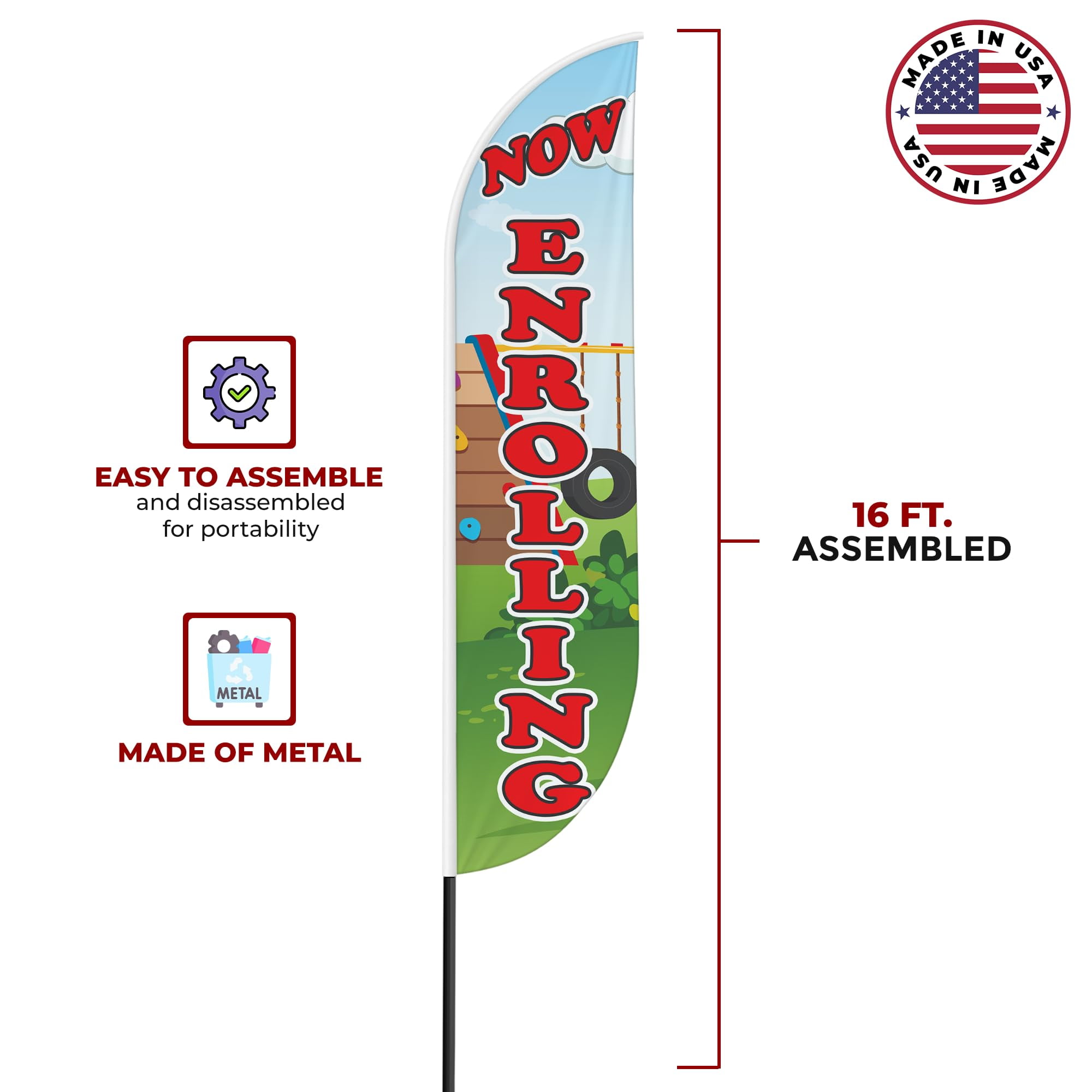 Now Enrolling Sign feather flag Pole Mount for Outdoor by Mavis Print | 15 FEET Long Outdoor Banner Flag Mount for Easy Hang | HD Print Swooper Flag Stand forNow Enrolling Advertising