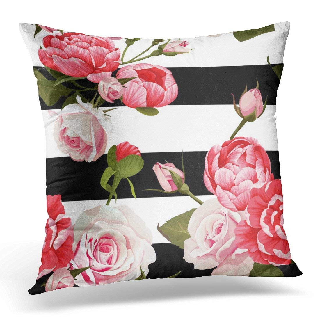ARHOME Colorful Floral Peony and Roses 2 Black and White Stripes ...